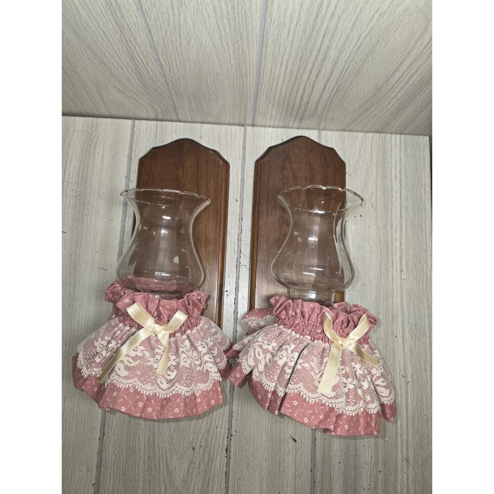 Vintage Wood Wall Sconce Candle Holders W/Pink Lace Covers Farmhouse Coquette